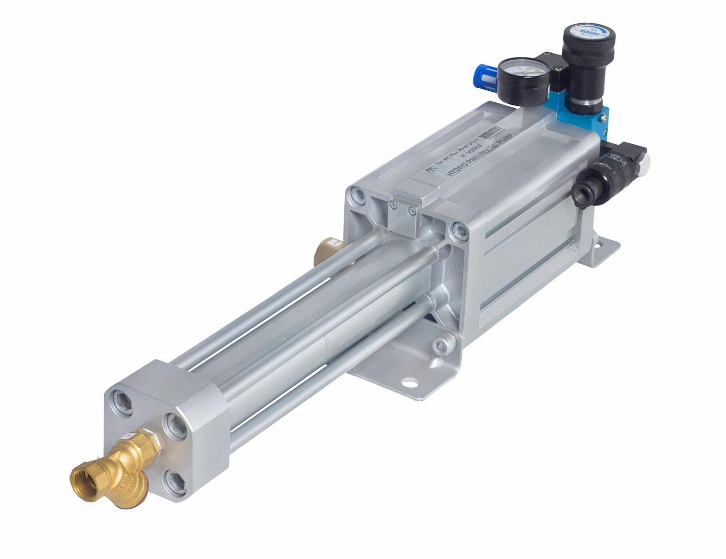 Silver industrial hydraulic pump with gauges on white background.